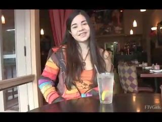 Nadine beautiful innocent brunette teen flashing tits in public and having dinner in restaurant