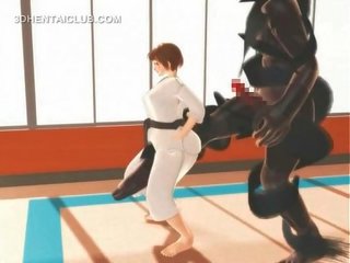 Hentai karate damsel gagging on a massive shaft in 3d